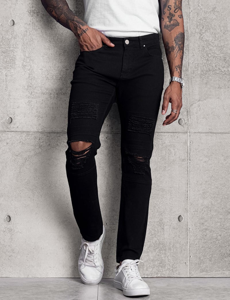 LONGBIDA Mens Skinny Slim Fit Ripped Straight Hip Hop Biker Stretchy Jeans(Black, 34) - Image 4